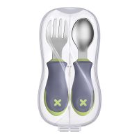 短柄叉勺宝宝勺子学吃饭不锈钢叉子儿童训练勺套装儿童餐具 紫绿色叉勺（送收纳盒） 短柄叉勺