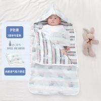 纱布睡袋婴儿春秋薄款新生宝宝四季通用夏季纯棉防惊跳防踢被神器 3层连帽睡袋蓝象 M码建议身高50-75cm