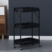 免安装折叠置物架可移动厨房小推车婴儿储物浴室落地式多层收纳架 黑色三层折叠免安装带轮子