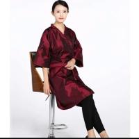理发店客服围布发廊剪发和服围裙美发工作服染发客袍美容高档客袍 酒红色客袍