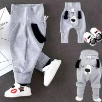 婴儿高腰护肚裤加绒秋冬季男外穿哈伦屁屁裤子女宝宝加厚大pp裤 灰狗狗一体绒款高腰款偏小一码 73 身高体重(73,14~