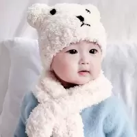 婴儿帽子秋冬季可爱超萌男女宝宝护耳帽子围巾套装毛绒帽6-12个月 MX465-米白色 仅帽子-(建议3-12个月)