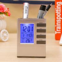(送电池)多功能万年历电子笔筒商务办公桌面电子时钟带温度闹钟 方形带灯9*9*11.5CM