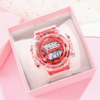 透明电子手表女ins学院风韩版学生防水电子表夜光闹钟运动男女表 透明纯数字红色 单手表(关注店铺原装电池)