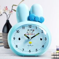 可爱卡通静音学生小闹钟儿童音乐闹铃带夜灯卧室床头电子钟 蓝色小兔