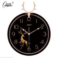 现代高档静音钟表挂钟欧式客厅卧室时尚创意挂表石英钟表 21厘米鹿头黑金