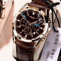 新款2020多功能黑科技男士手表防水夜光学生运动个性商务高档帅气 炫酷个性计时版-真皮表带-玫壳黑面