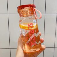 水杯女学生韩版 方形玻璃大容量水瓶挂绳随手水壶高颜值ins水杯男 [350毫升]粉色