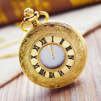 复古翻盖怀表经典罗马字男女项链石英大数字老人挂表学生考试礼物 金色