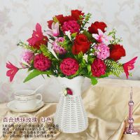 [送花瓶]仿真花假花干花绢花客厅卧室茶几电视柜餐桌饰品摆件 百合绣球玫瑰红色