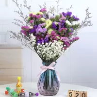 满天星干花花束客厅装饰摆件真花勿忘我鲜花花卉批发雏菊家居花瓶 6色+草+白星 带蓝红色花瓶