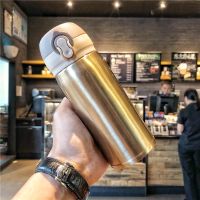 创意简约大容量不锈钢保温杯男女纯色直身水瓶韩版可爱学生水杯子 小号金色350ml送杯套杯刷贴纸