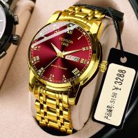 [不赚钱交个朋友]中国红自动机械手表双日历夜光防水时尚腕表男 钢带 金色红面 保10年换新夜光防水