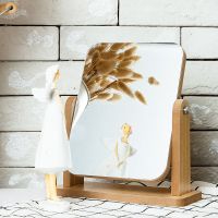 梳妆台大镜子化妆复古桌面木制台式梳妆镜大号家用学生网红少女心 黄色小号(超清全面屏)