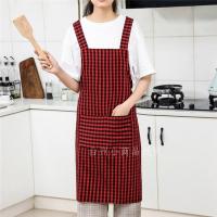 纯棉围裙女时尚工作男全棉可爱日系棉麻创意透气家用厨房做饭防油 背带款 红格子围裙