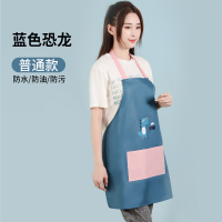 围裙家用厨房女长袖防水防油工作服卡通时尚做饭围腰带袖罩衣大人 普通款蓝色恐龙