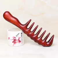 紫檀木梳子大齿梳按摩梳五齿梳筋络梳家用护理梳卷发梳粗齿梳 深红 天然纹路