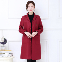 时尚修身罩衣厨房围裙女中长款蓝大褂春款单层透气工作服大卦印字 酒红色 M中码