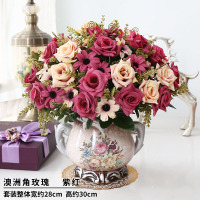 客厅装饰欧式塑料仿真花艺摆件室内摆设干花束盆栽茶几餐桌假花 紫红AZ角玫+欧瓶