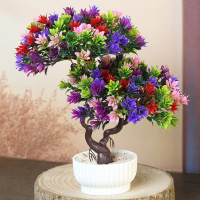 仿真花假花塑料花迎客松发财树盆景客厅卧室茶几摆件阳台装饰花艺 奇松树 多色+石4号盆