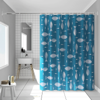 免打孔浴帘套装加厚防水防霉浴帘布浴室隔断帘窗帘挂帘卫生间浴帘 蓝色线条鱼 宽80*高180+环