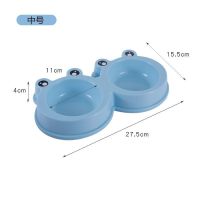猫碗猫食盆狗碗狗盆泰迪狗狗不锈钢双碗猫咪中型犬饮水器宠物用品 蓝色中号青蛙双腕 通用