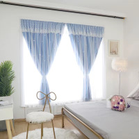 网红款魔术贴窗帘免打孔安装遮光卧室少女小飘窗自粘简易粘贴式布 天蓝色 宽0.9*高1.0一片