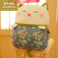 招财猫抱枕暖手办公室护腰靠垫客厅沙发靠枕被子两用二合一毯子女 绿色(暖手抱枕) 国潮招财猫系列[收藏加购,优先发货]