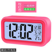 张家聪明钟学生时钟3组闹钟创意夜光时尚静音床头钟表儿童电子钟 标配--[温度版]—玫红色 13.5厘米