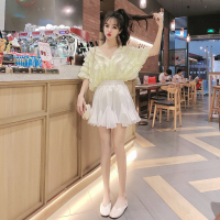 苏芈2021春季新款轻熟风花边V领上衣+高腰半身裙洋气时尚套装两件套女