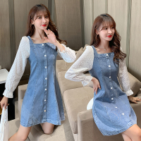 苏芈2021新款早春季桔梗显瘦修身初恋泡泡袖拼接牛仔减龄A字连衣裙女