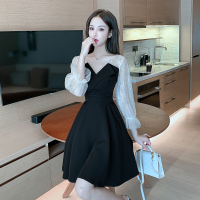 苏芈网纱拼接连衣裙女2021春季新款法式气质收腰小个子赫本风小黑裙子