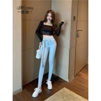 苏芈浅蓝色高腰牛仔裤女2021年春季新款蝴蝶结系带磨毛紧身小脚裤子潮