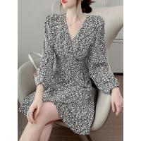 苏芈气质女神范V领连衣裙女春季2021新款韩版雪纺碎花收腰显瘦a字裙潮