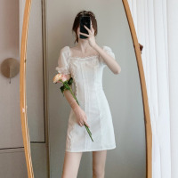 苏芈可盐可甜一字肩初恋白裙仙女裙小个子方领泡泡袖收腰白色连衣裙女