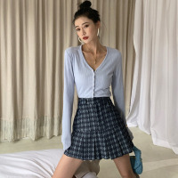 苏芈蓝色jk格子裙牛仔短裙子2021春秋新款美式高腰a字百褶半身裙女