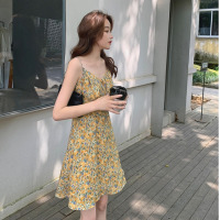 苏芈法式复古小碎花桔梗裙2021春夏新款赫本风V领小个子吊带连衣裙女