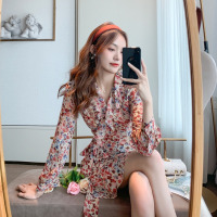 苏芈法式复古茶歇桔梗裙2021春秋新款小个子收腰短裙雪纺碎花连衣裙女