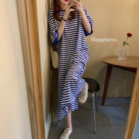 苏芈条纹懒人裙长款遮肚子显瘦连衣裙女2021新款大码宽松过膝t恤裙潮
