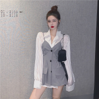 苏芈减龄显瘦两件套吊带连衣裙条纹港风衬衫女夏季休闲时尚赫本风套装