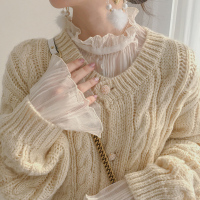 苏芈2019年秋季韩版女甜美宽松米杏色娃娃领褶皱喇叭袖蕾丝雪纺小衫