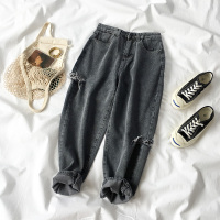 苏芈泫雅破洞牛仔裤女宽松春秋2020新款韩版大码胖mm直筒阔腿老爹裤潮