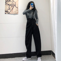 苏芈梨形身材设计感牛仔裤女春秋大码胖mm韩版bf显瘦宽松单肩吊带长裤