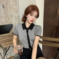 苏芈2020新款春季网红气质翻领短款上衣服修身显瘦灰色短袖T恤女ins潮
