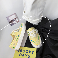 帆布鞋女2021春季韩版ulzzang日系学生百搭奶黄色涂鸦板鞋ins潮鞋