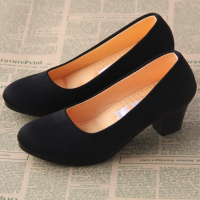 粗中跟黑色工作鞋酒店老北京布鞋女单春秋夏季厚底坡跟高跟鞋