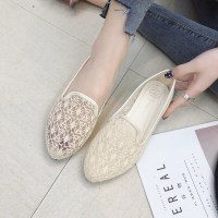 女鞋单鞋2021春秋季平底一脚蹬夏款瓢鞋浅口透气镂空蕾丝网面鞋