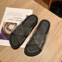 细细条 韩国ins网红时尚厚底果冻透明交叉拖鞋女夏外穿海边沙滩鞋