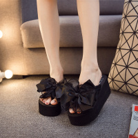 2021夏韩版蝴蝶结坡跟凉拖鞋女时尚外穿厚底沙滩鞋高跟人字拖