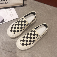 帆布鞋女2022新款棋盘格女鞋时尚春秋小白鞋厚底懒人一脚蹬乐福鞋